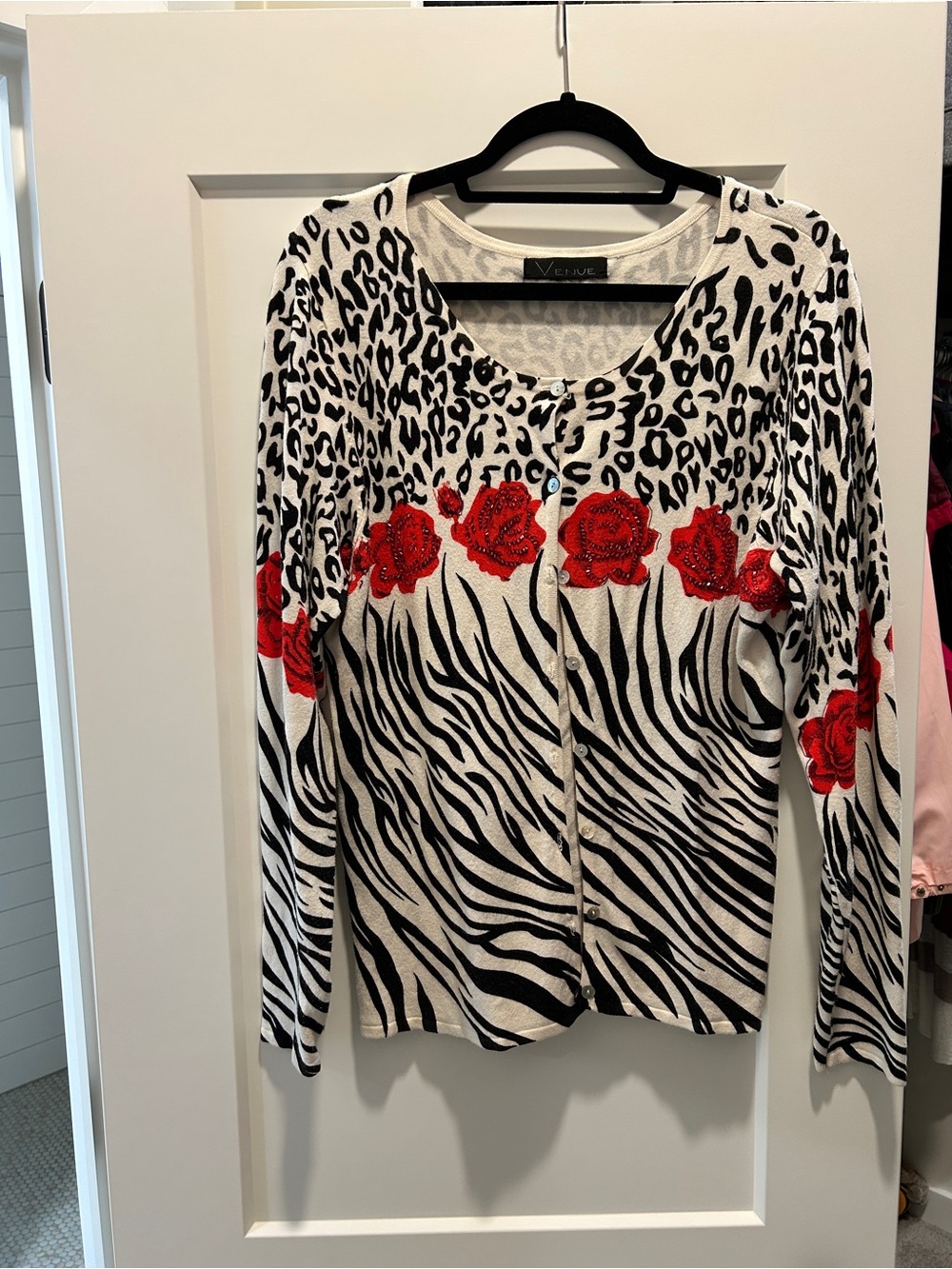 Venue Black & White Animal Print cardigan sweater with Red Rose Embroidery